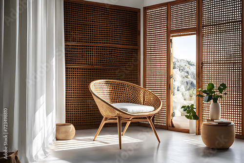 Soft Illumination: Rattan Chair and Window Blend Calmness in a Bright Living Room Room