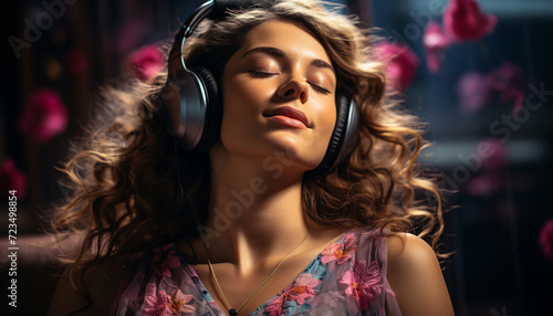 Young woman enjoying music with headphones in a nightclub generated by AI © Jeronimo Ramos