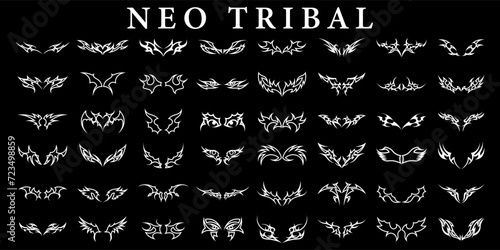 Neo tribal shapes. Gothic sharp elements, modern elements for tattoo, poster, cover, typography, abstract symmetrical design, various decorative elements. Vector set 2