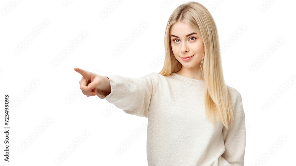 Young student woman , pointing to the side isolated on transparent and white background.PNG image. Young student woman , pointing to the side isolated on transparent and white background.PNG image.