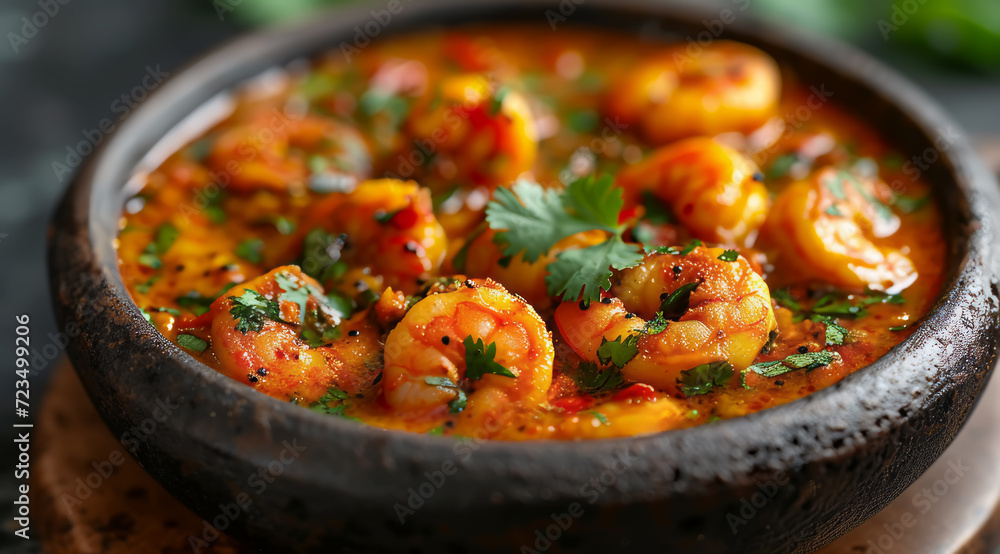 A bowl of Kerala prawn curry sprinkled with cilantro and spicy sauce, typical of South Indian food culture, AI generated A bowl of Kerala prawn curry sprinkled with cilantro and spicy sauce, typical of South Indian food culture, AI generated