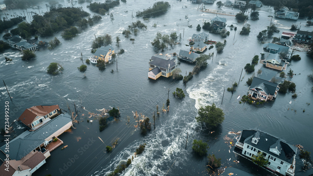 Aerial shot captures the devastating impact of a flood on a residential neighborhood. Houses and streets are submerged under murky water
