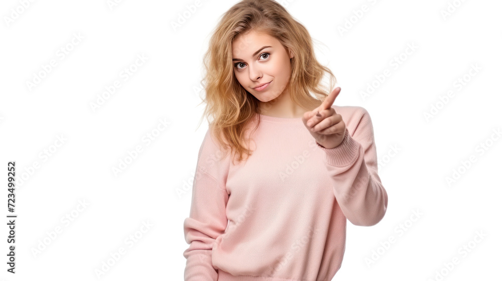 Young student woman , pointing to the side isolated on transparent and white background.PNG image. Young student woman , pointing to the side isolated on transparent and white background.PNG image.
