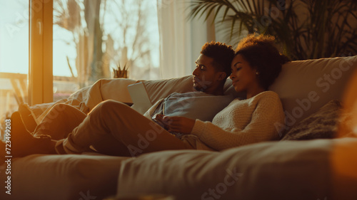 warm and intimate scene of a couple relaxing on a couch at home. They are sharing a moment of closeness and comfort, engrossed in a digital tablet or smartphone