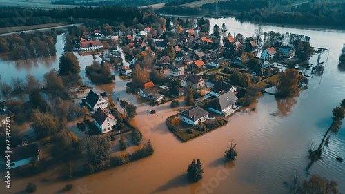 Aerial shot captures the devastating impact of a flood on a residential neighborhood. Houses and streets are submerged under murky water