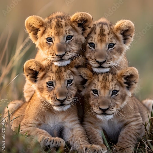 a stack of 4 lion cubs