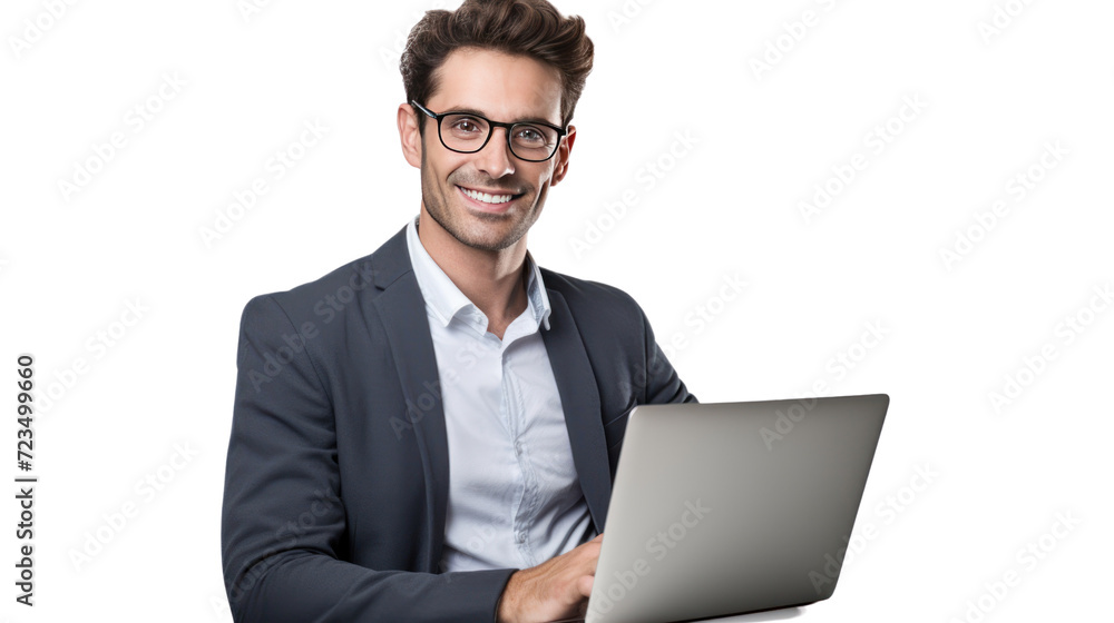 Young smiling modern male teacher holding laptop isolated on transparent and white background.PNG image. Young smiling modern male teacher holding laptop isolated on transparent and white background.PNG image.