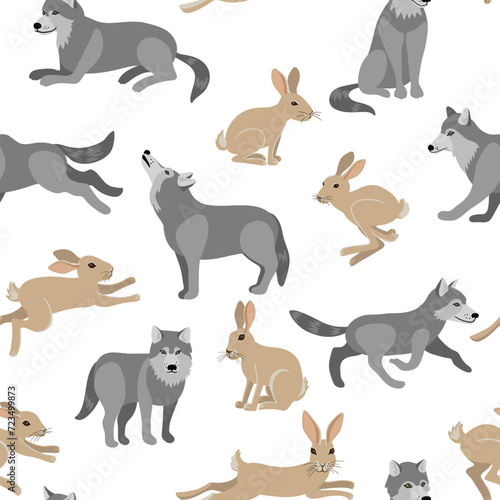 vector drawing seamless pattern with wolves and rabbits  hand drawn animals at white background   cartoon style characters