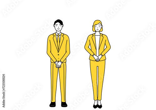 軽く会釈（お辞儀）をするスーツ姿の男性と女性のシンプルな線画イラスト