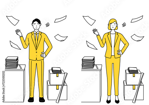 片付かない業務にうんざりするスーツ姿の男性と女性のシンプルな線画イラスト