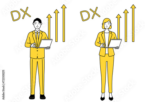 DX化のイメージ、業務改善に成功したスーツ姿の男性と女性のシンプルな線画イラスト