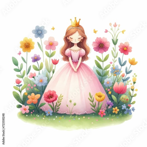 Princess in a garden with flowers. watercolor illustration. white background. children artworks, wallpapers, posters, greeting cards prints. 