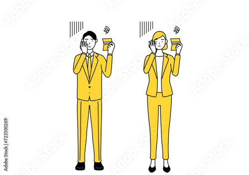 預金通帳を見て落ち込むスーツ姿の男性と女性のシンプルな線画イラスト