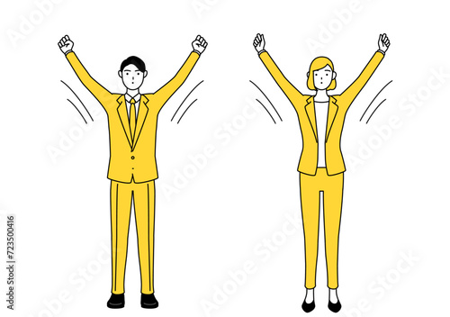 大きく深呼吸するスーツ姿の男性と女性のシンプルな線画イラスト