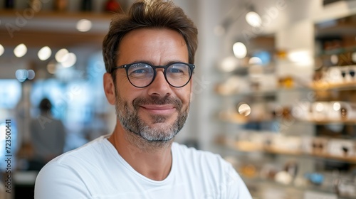 Middle aged man in optical store. Customer trying on new glasses
