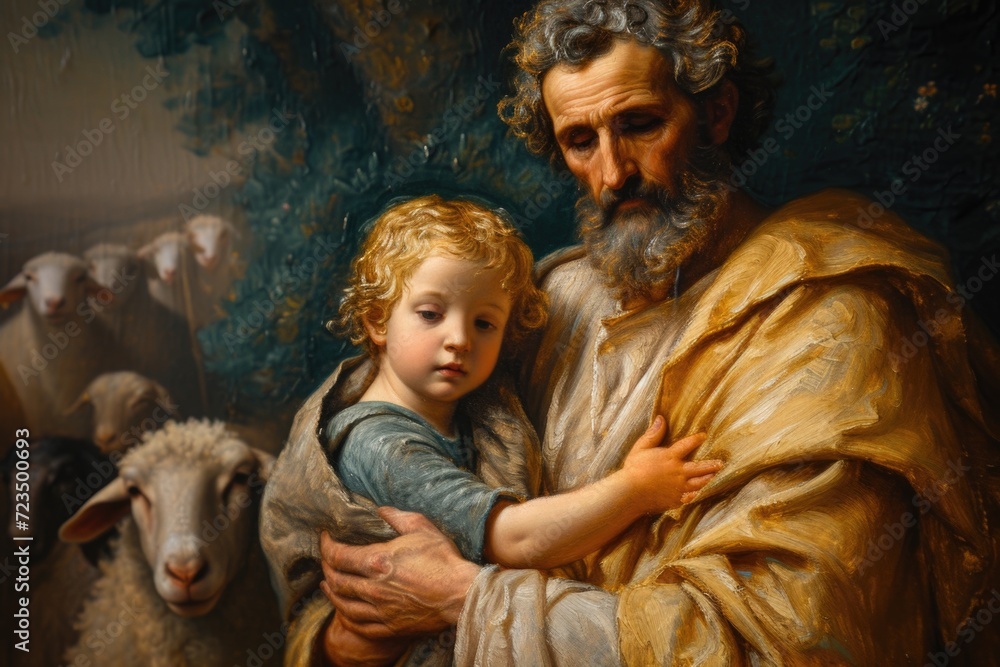 St. Joseph with boy Jesus Christ herding sheep: portrayal of a biblical drama, illustrating sacred bond between saint Joseph and young Jesus as they tend to the flock.