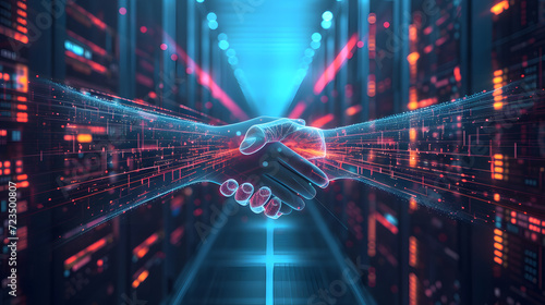 A virtual handshake between two secure servers, symbolizing secure data transmission and encrypted communication photo