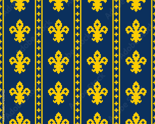 Fleur de lis seamless pattern.Classic royal embroidery vintage style.Traditional and little more modern. Flower with French origins.Vector illustration blue,yellow,white background design for decor.