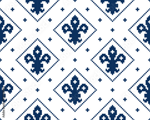 Fleur de lis seamless pattern.Classic royal embroidery vintage style.Traditional and little more modern. Flower with French origins.Vector illustration blue and white background design for decor.