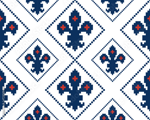 Fleur de lis seamless pattern.Classic royal embroidery vintage style.Traditional and little more modern. Flower with French origins.Vector illustration blue and white background design for decor.