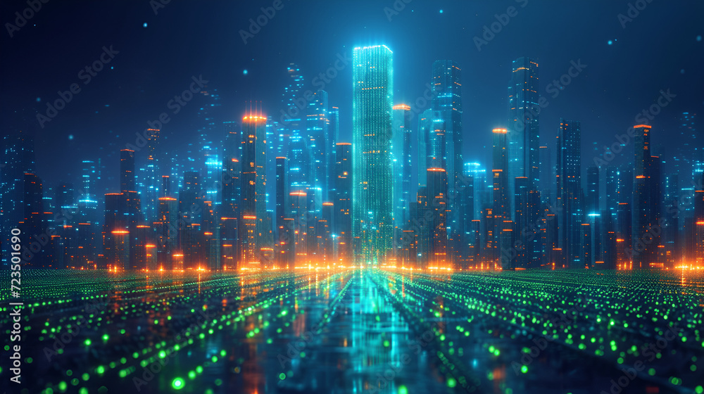 Neon wireframe illustration of an abstract city skyline isolated on black background Created with generative AI.