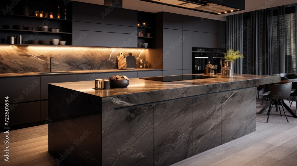 Front view of a modern designer kitchen with smooth handleless cabinets with black edges, black glass appliances, a marble island and marble countertops