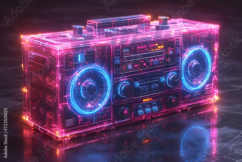 Neon wireframe illustration of a retro boombox isolated on black background Created with generative AI.
