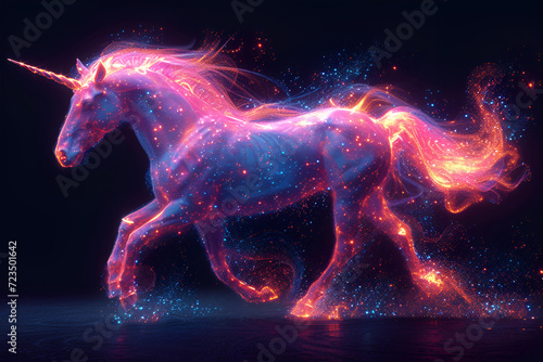 Vibrant neon silhouette of a unicorn isolated on black background Created with generative AI.