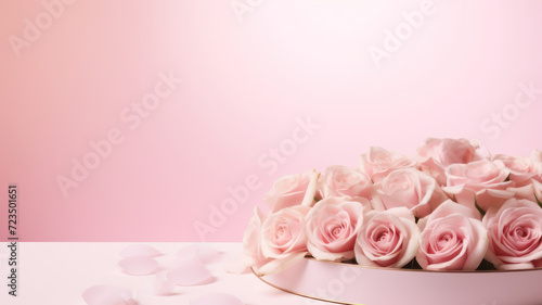 Blank podium with pink roses on pink background. Showcase for product, perfume, jewelry and cosmetic presentation