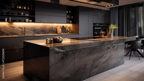 Front view of a modern designer kitchen with smooth handleless cabinets with black edges, black glass appliances, a marble island and marble countertops photo