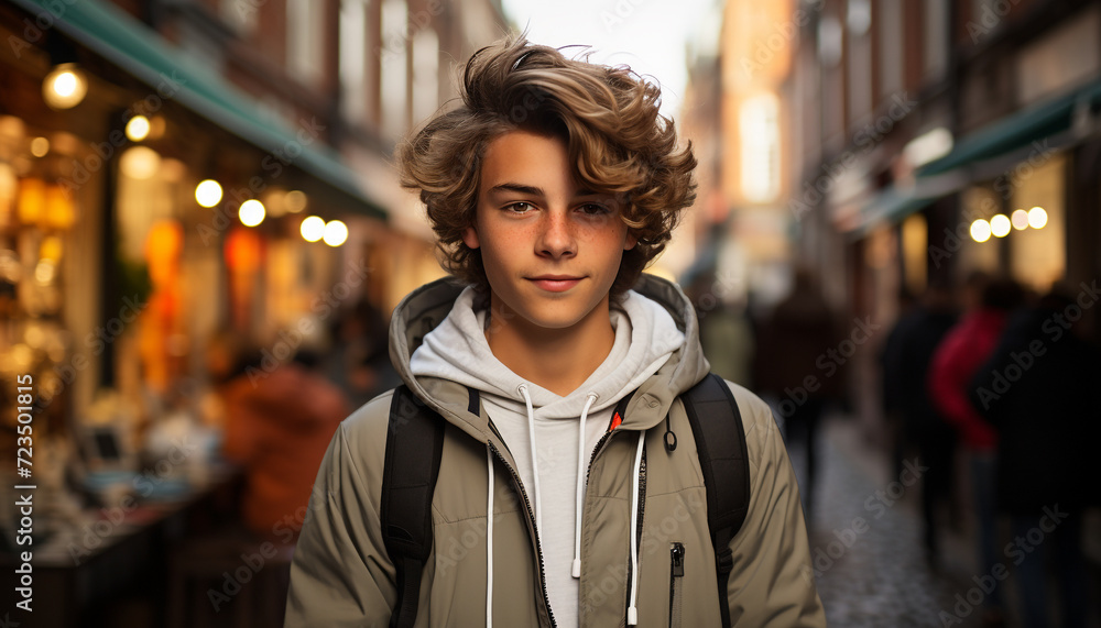 Fototapeta premium A confident young man, smiling, looking at camera in city generated by AI