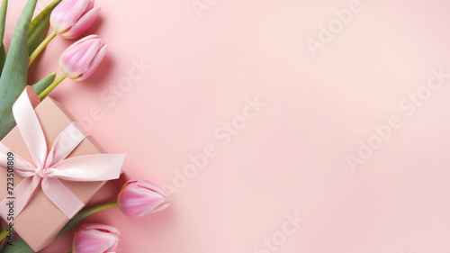 Top view photo of trendy gift boxes with ribbon bows and tulips on isolated pastel pink background with copyspace