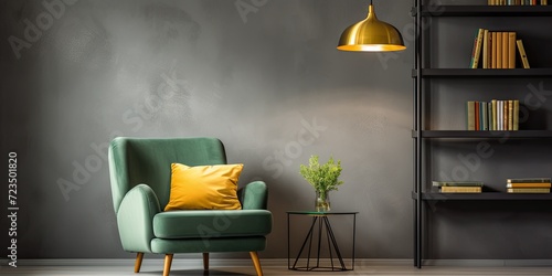Contemporary interior with gray bookshelf, gold lamp, green chair with pillow, and decorative wall.