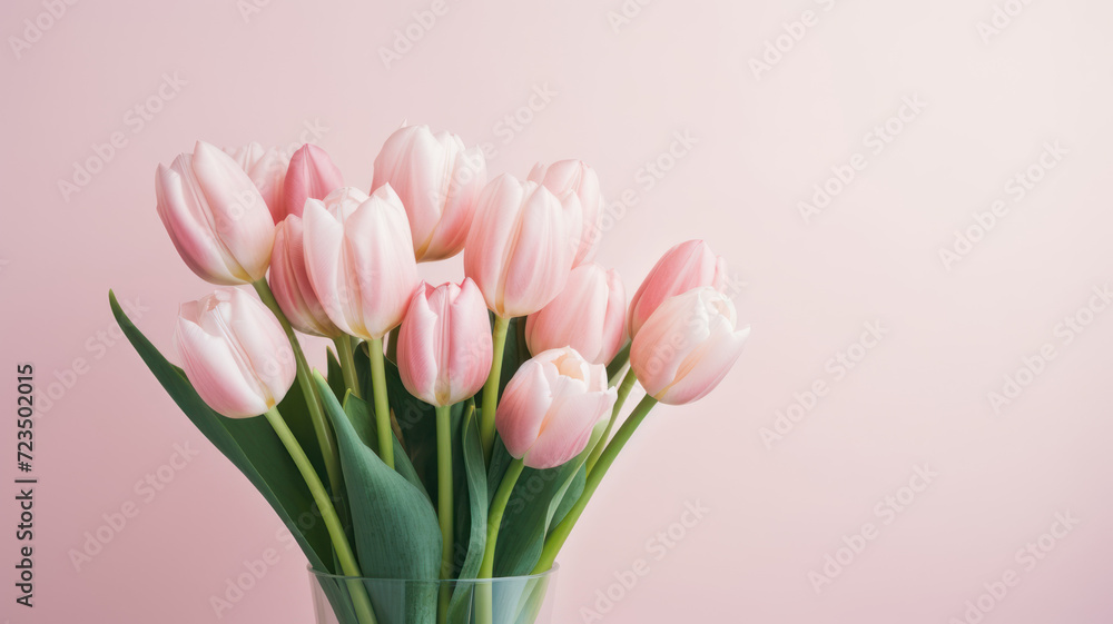Fototapeta premium Light pink tulip bouquet on a plain background