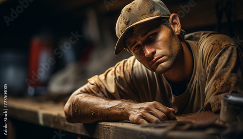 Young adult Caucasian carpenter working indoors, concentrating on wood plank generated by AI