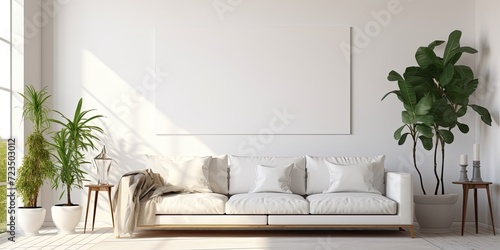Sofa with plants and empty poster in simple living room, with lamps and white rug.