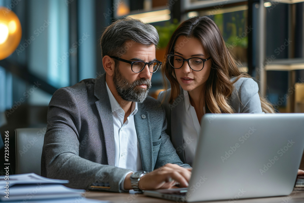 Fototapeta premium Two business people using a laptop together in an office