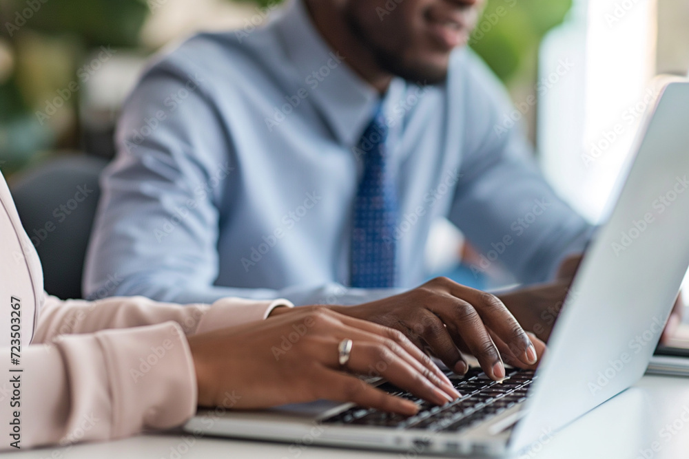 Two business people using a laptop together in an office Two business people using a laptop together in an office