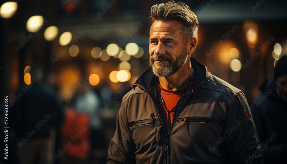 Obraz premium Confident man, illuminated city, smiling, walking in winter night generated by AI