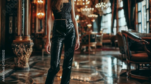 Fashion portrait of a girl in black metallic clothes. The trend for metallic clothing in 2024. sequined clothes with a beautiful shine.