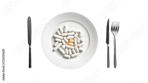 top view The medical pills, knife and fork set isolated on transparent and white background.PNG image.