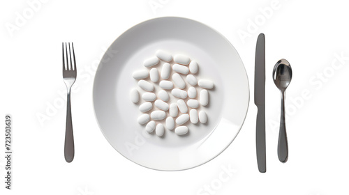 top view The medical pills, knife and fork set isolated on transparent and white background.PNG image.