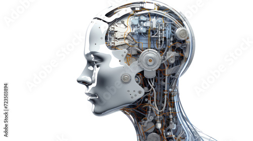 Robot Head with digital graphic Brain Engine isolated on transparent and white background.PNG image.