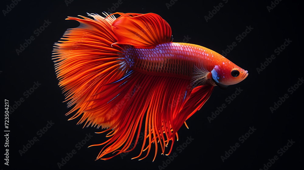 Beautiful movement of Siamese fighting fish, Close-up of red Betta fish. Betta splendens isolated on black background, Studio shot. Generative AI illustration Beautiful movement of Siamese fighting fish, Close-up of red Betta fish. Betta splendens isolated on black background, Studio shot. Generative AI illustration