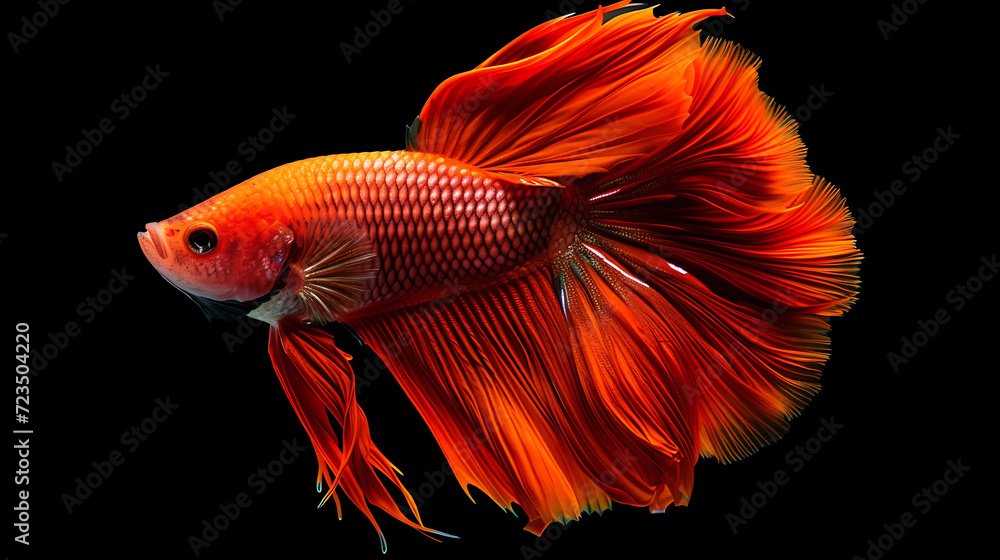 Beautiful movement of Siamese fighting fish, Close-up of red Betta fish. Betta splendens isolated on black background, Studio shot. Generative AI illustration Beautiful movement of Siamese fighting fish, Close-up of red Betta fish. Betta splendens isolated on black background, Studio shot. Generative AI illustration