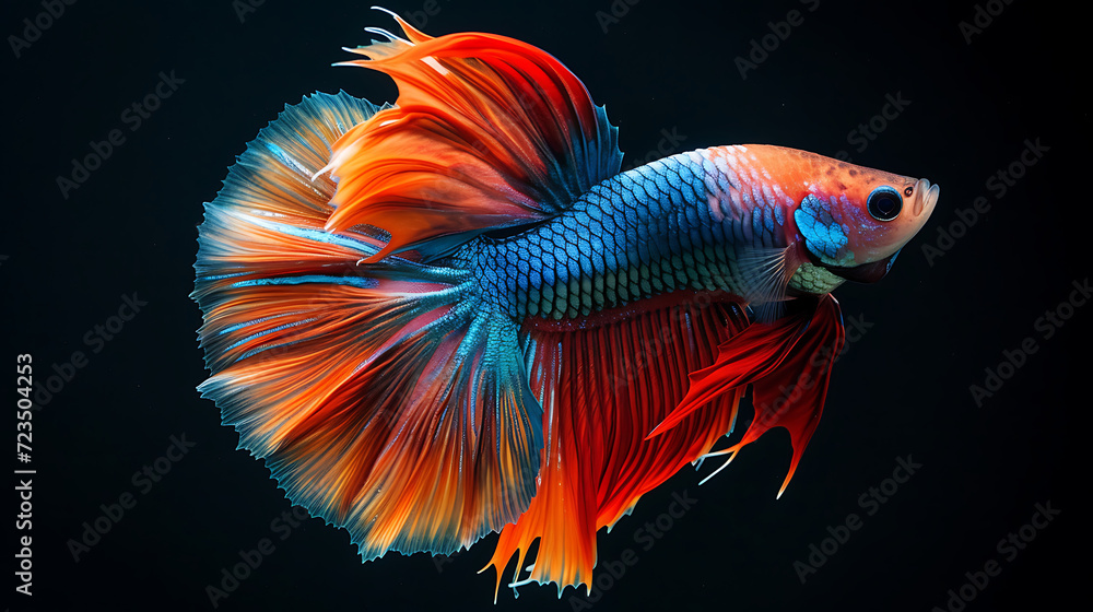 Capture the moving moment of red-blue siamese fighting fish isolated on black background. Betta fish. Generative AI illustration Capture the moving moment of red-blue siamese fighting fish isolated on black background. Betta fish. Generative AI illustration
