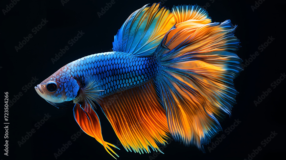 Capture the moving moment of red-blue siamese fighting fish isolated on black background. Betta fish. Generative AI illustration Capture the moving moment of red-blue siamese fighting fish isolated on black background. Betta fish. Generative AI illustration