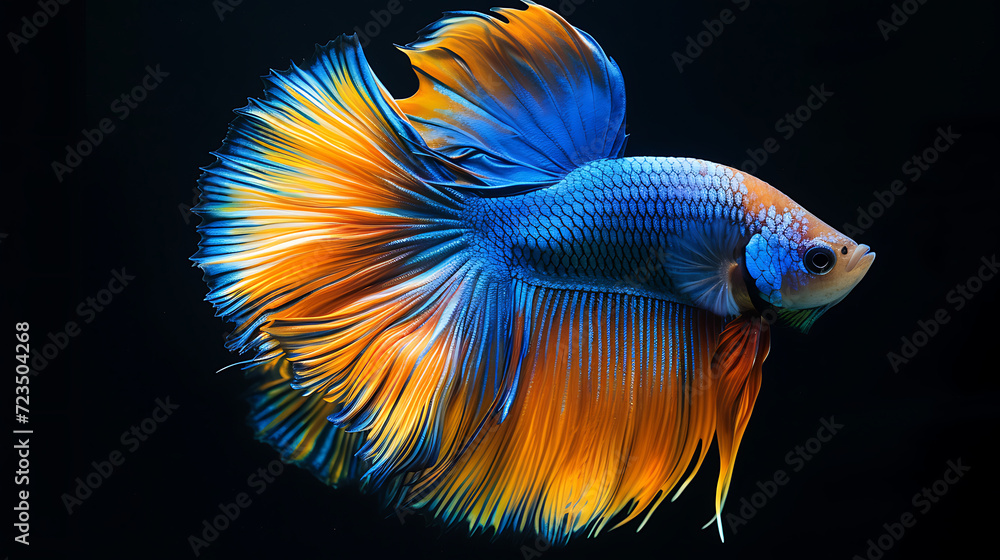 Fototapeta premium Capture the moving moment of red-blue siamese fighting fish isolated on black background. Betta fish. Generative AI illustration 