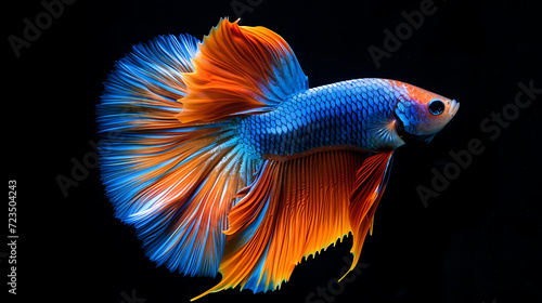 Capture the moving moment of red-blue siamese fighting fish isolated on black background. Betta fish. Generative AI illustration 