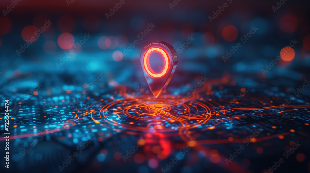 Futuristic Network Visualization of Digital City Map with Glowing Location Marker Futuristic Network Visualization of Digital City Map with Glowing Location Marker
